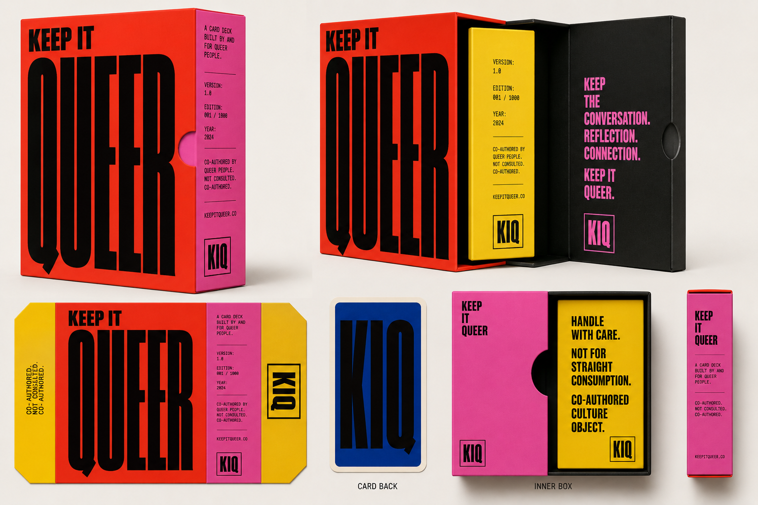 Bright Keep It Queer packaging system with red, pink, yellow, cobalt, and black.
